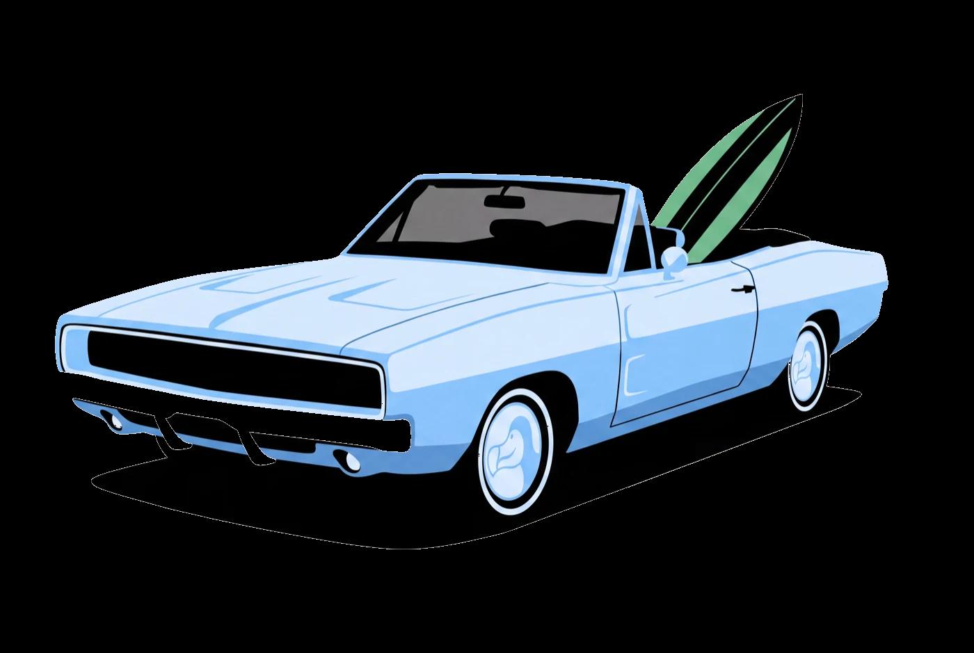 classic open-top roadster with a surfboard, dodo badge on the fender